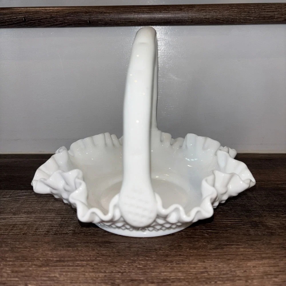 Vintage Fenton Hobnail White Milk Glass Ruffled Edges Basket with Handle